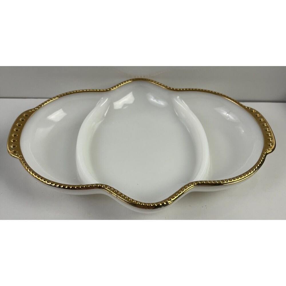 Fire King Oven Ware Divided 3 Section Relish Dish White Milk Glass W/Gold Trim